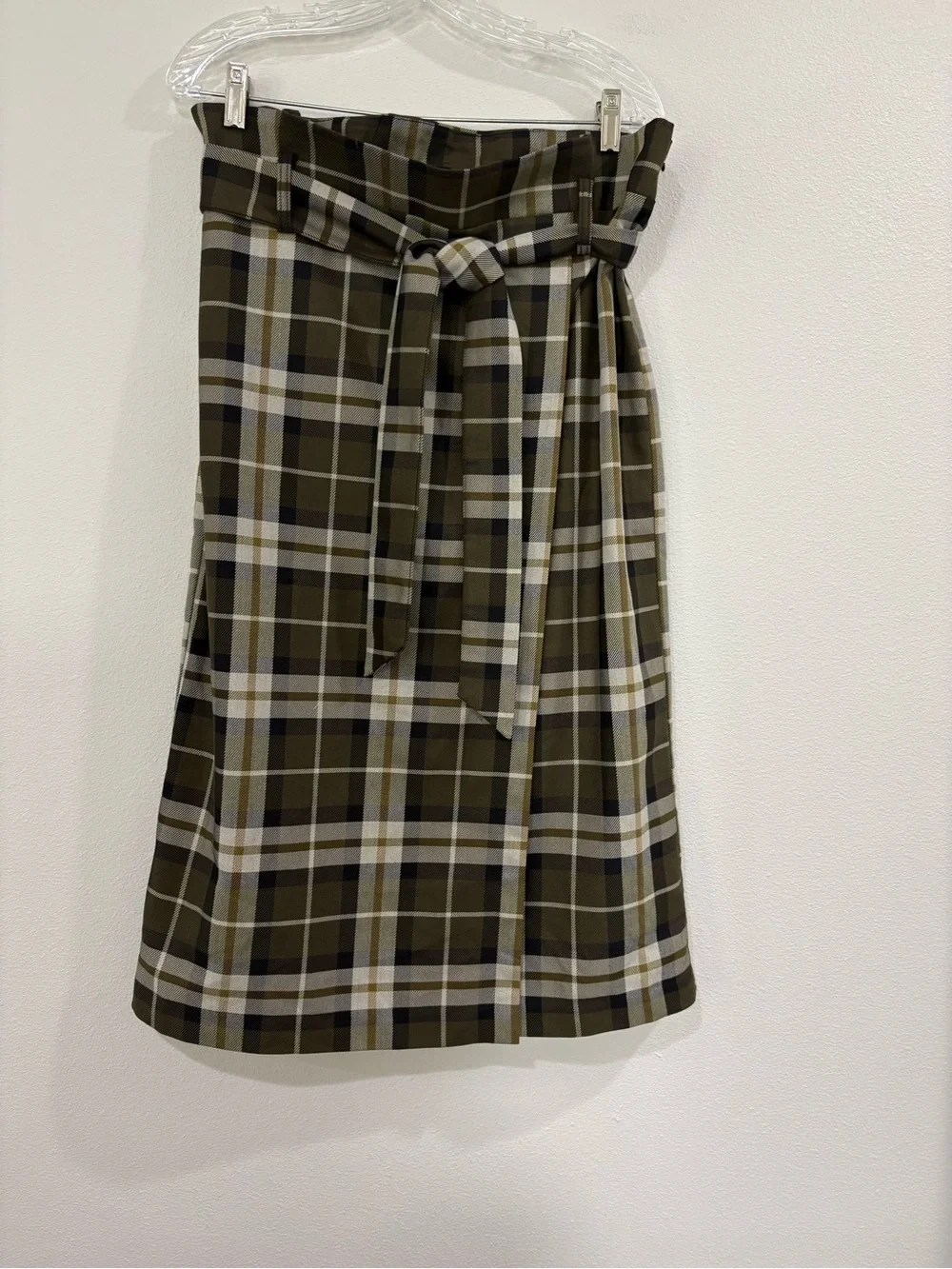 H&M Olive and Cream Plaid Midi Skirt with Tie Waist